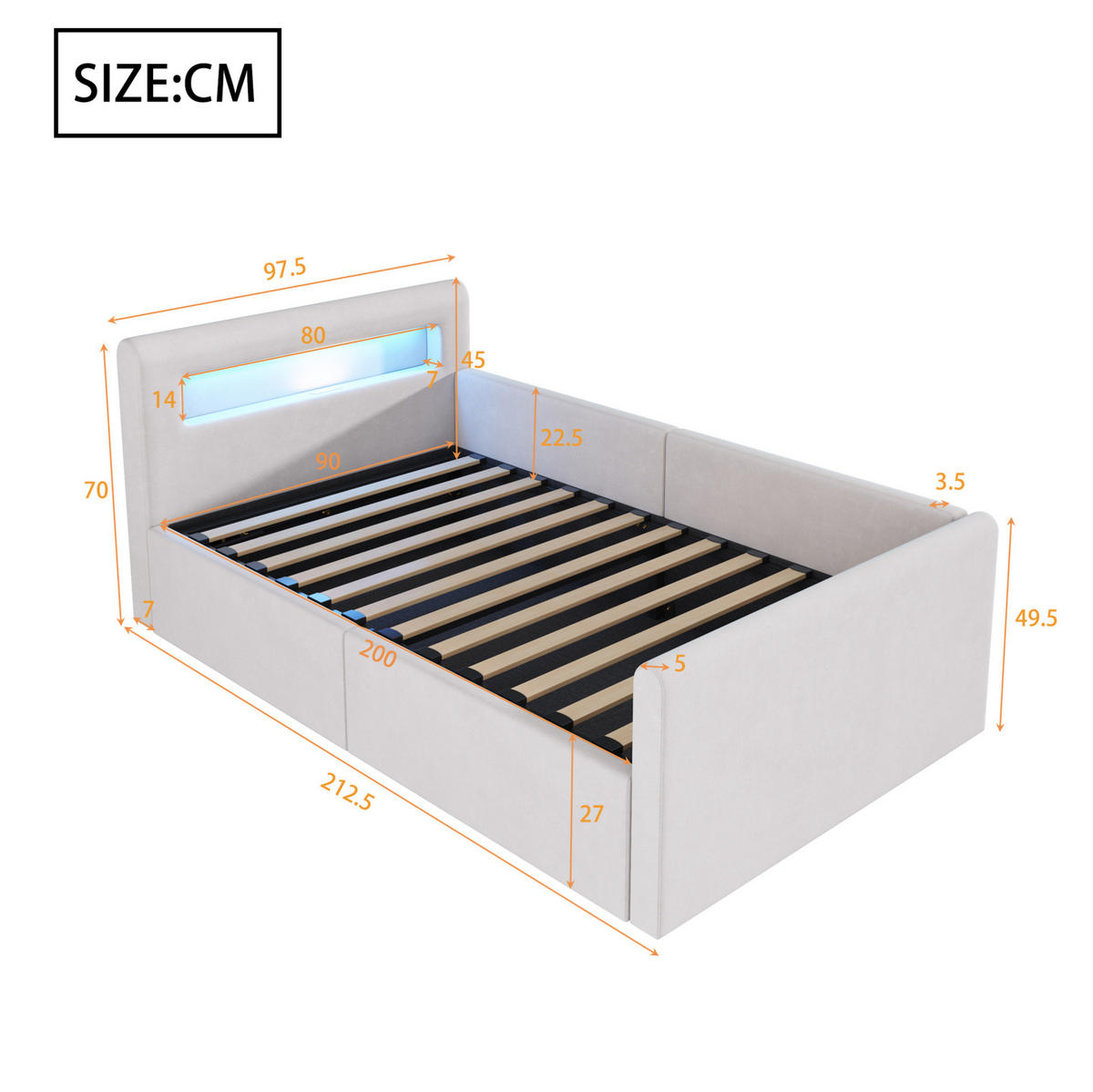 POLSTERBETT 90/200 cm Beige mit Stauraum, LED-Beleuchtung und USB-Anschluss - Beige, Textil (90/200cm) - Flora Grace