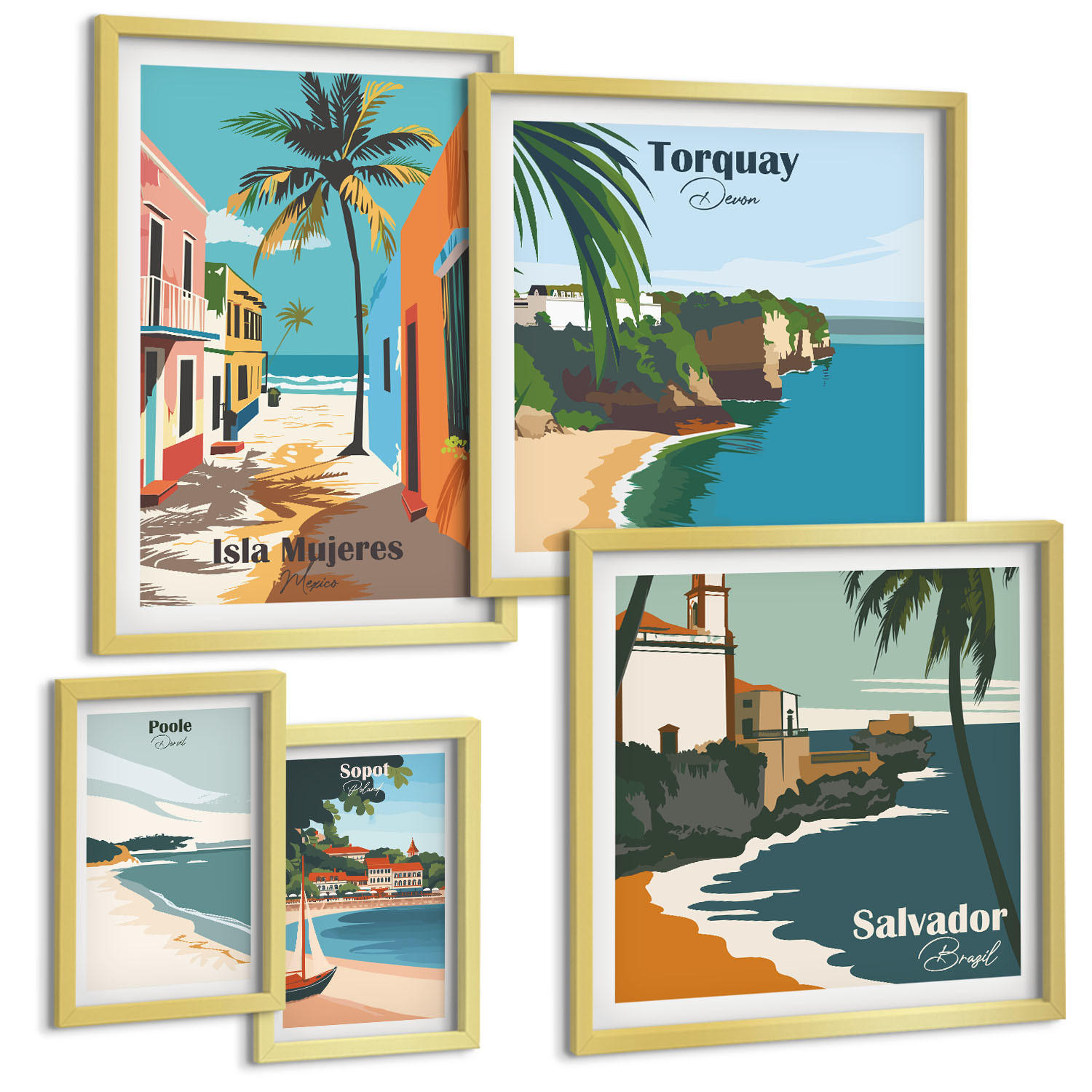 BILDER SET 5er Set - 50x50 cm & 20x30 cm & 40x60 cm Goldrahmen - Retro-Ansichten von Städten auf der ganzen Welt - Goldfarben, Kunststoff (40/60cm) - TULUP