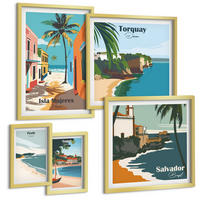 BILDER SET 5er Set - 50x50 cm & 20x30 cm & 40x60 cm Goldrahmen - Retro-Ansichten von Städten auf der ganzen Welt - Goldfarben, Kunststoff (40/60cm) - TULUP