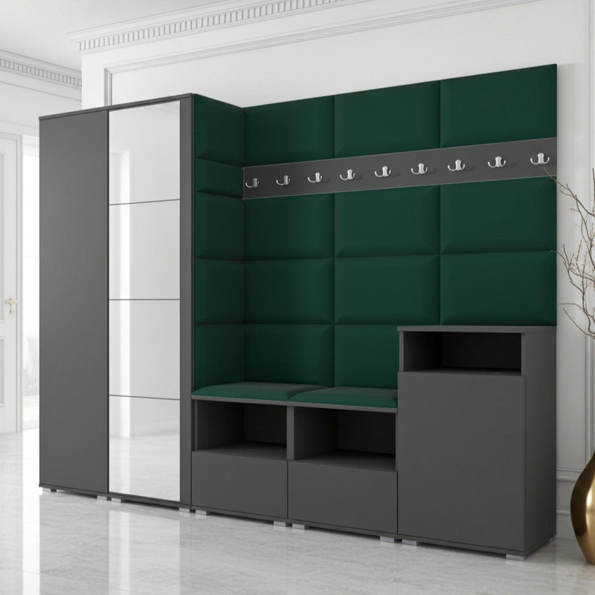 GARDEROBE NELA VIII 250 cm (Modulare Flurmöbel Graphit mit Spiegel & Sitzpolster Flaschengrün 28 Set XL) - Dunkelgrün/Silberfarben, Holz/Holzwerkstoff (250/187/40cm) - Ravio