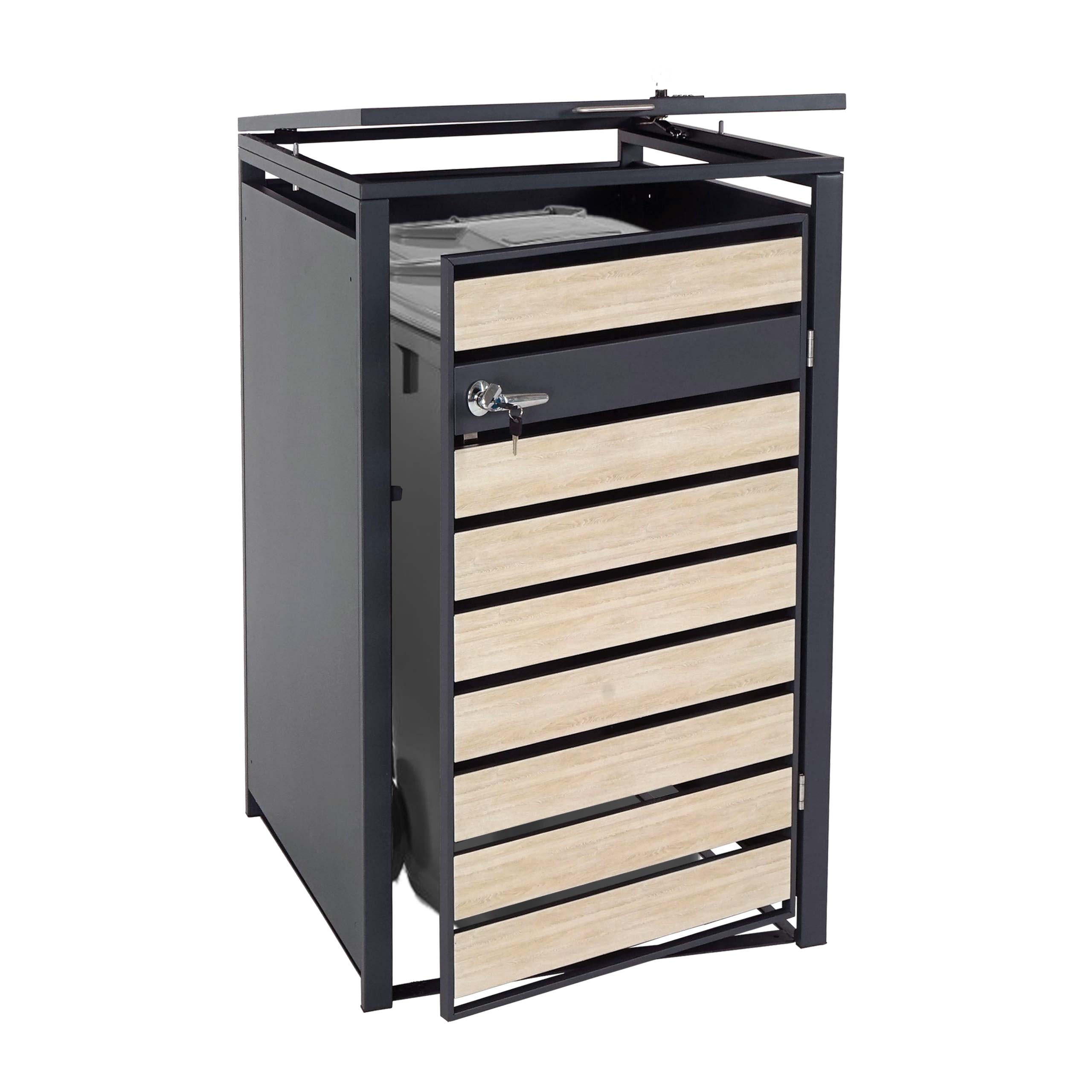 MÜLLTONNENBOX 1er XL 117x73x98cm Metall 36kg Anthrazit Buche-Holzoptik Hellbraun - Hellbraun, Metall (73/117/98cm) - PROREGAL