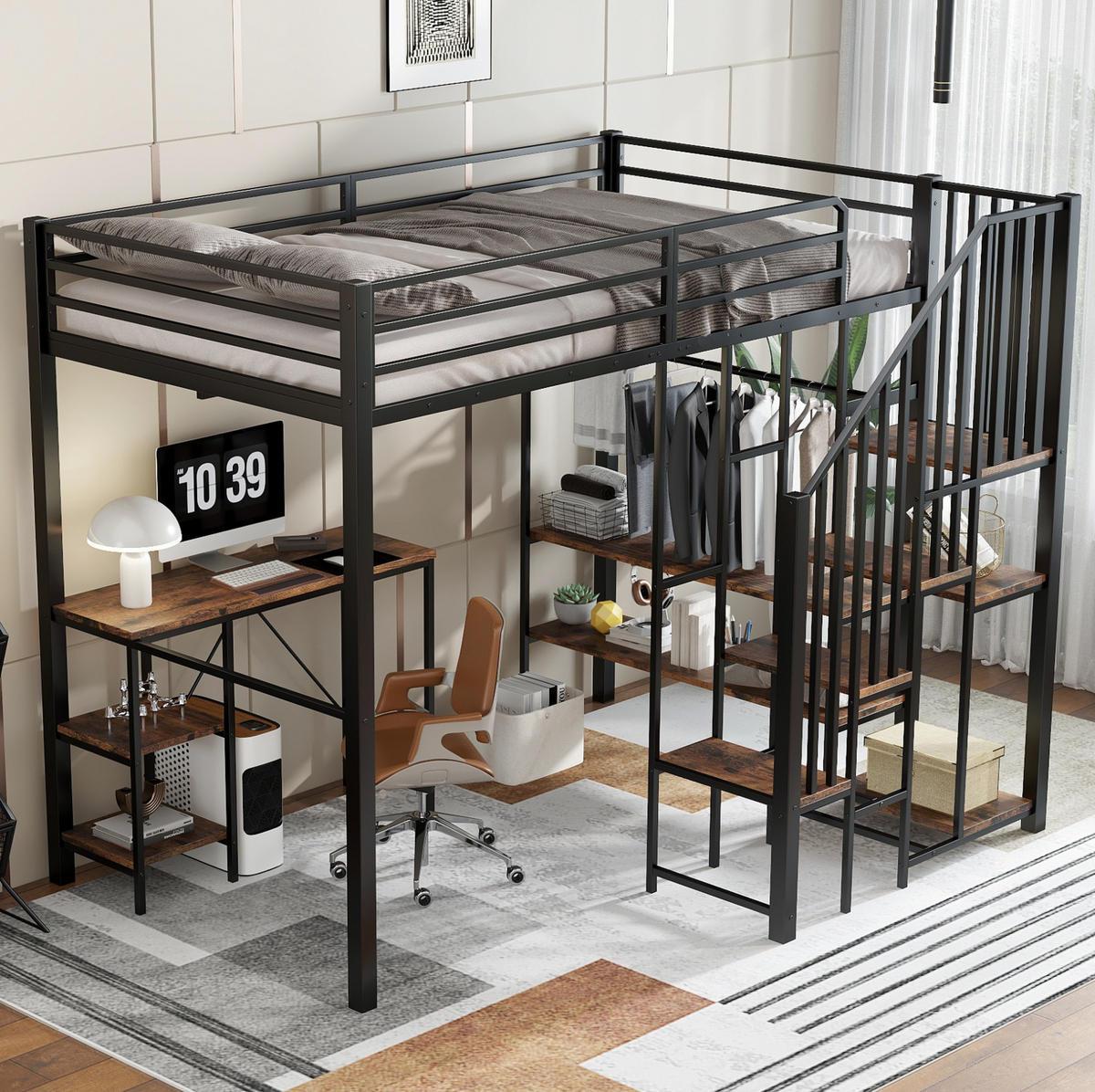 HOCHBETT 120/200 cm aus Metall mit Schreibtisch, Regal und offenem Kleiderschrank - Schwarz, Holzwerkstoff (120/200cm) - Flora Grace