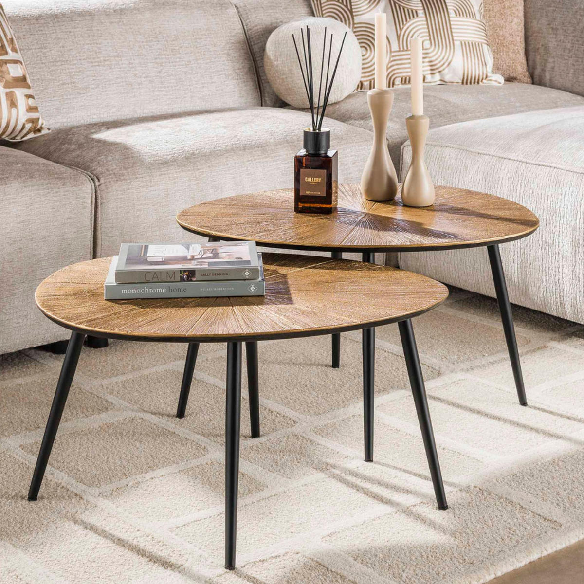 COUCHTISCH-SET SILVIO RAGGIO Organische Satztische mit Strahlenmuster in Antikgold - Goldfarben, Holz (56/71/40cm) - alesvelt
