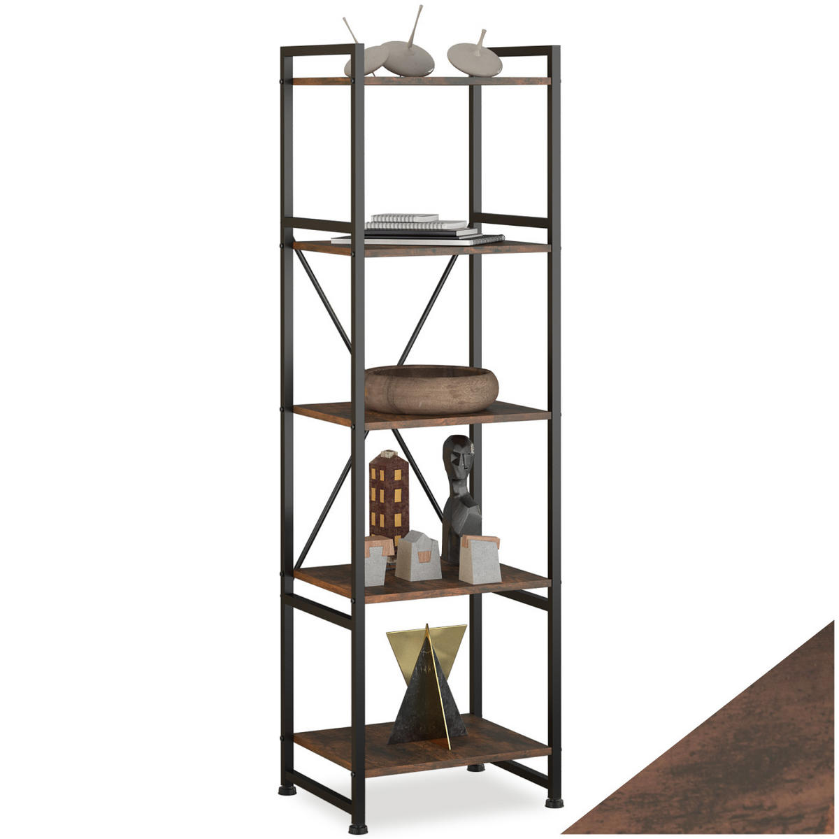 REGAL Manchester,inklusive Kippschutz, 47,5 x 34,5 x 151,5 cm,Industrial Holz dunkel, rustikal - Rostfarben, Holz (34.5/151.5/47.5cm) - tectake