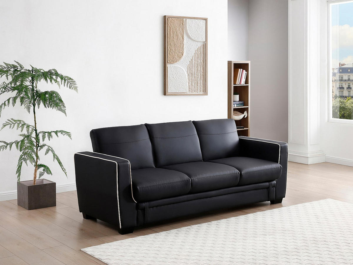 SCHLAFSOFA 3-Sitzer - Kunstleder - Schwarz - NATY II - Schwarz, Leder (214/87/87cm) - Vente-Unique