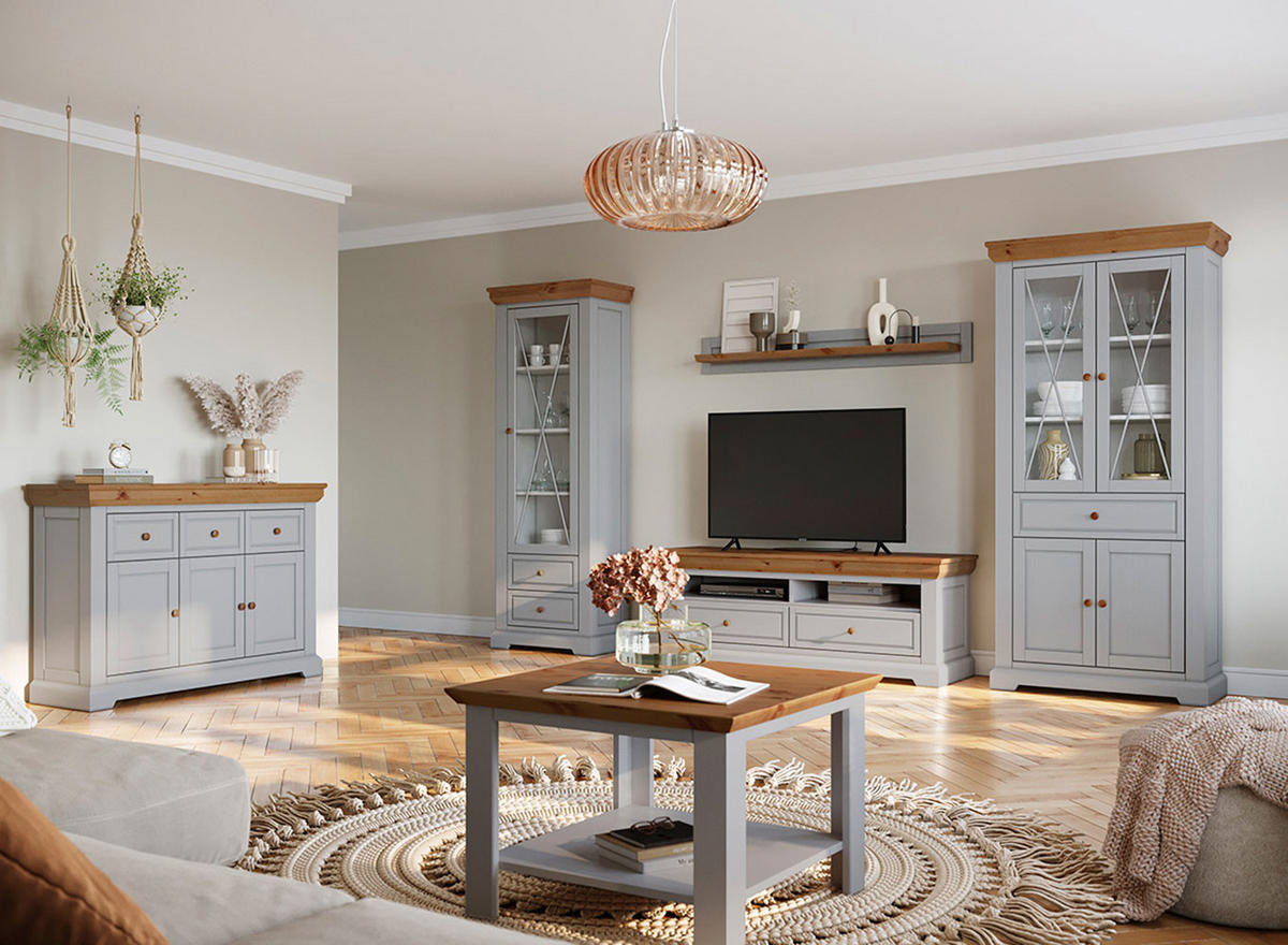 STANDVITRINE Marone Elite Grau / Kiefer Natur 95 / 41 / 200cm - Grau/Kieferfarben, Holz (95/200/41cm) - Feldmann-Wohnen