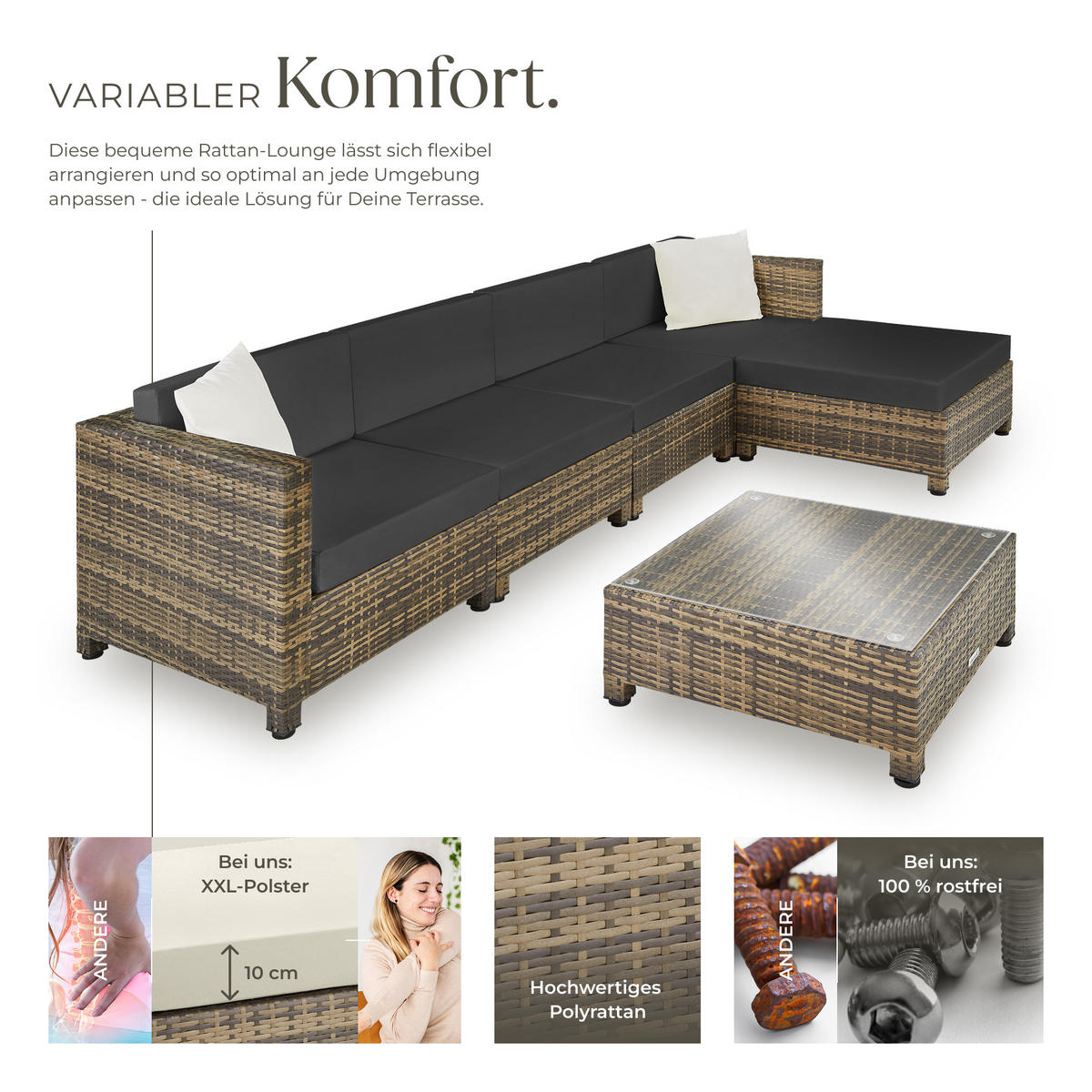 RATTANLOUNGE , mit Sicherheitsglasplatte, natur - Naturfarben, Kunststoff - tectake