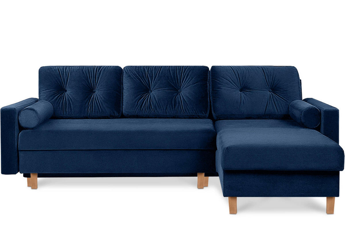 ECKSCHLAFSOFA ERISO 3/4 Sitzer und Universalecke mit Ottoman, Velour-Stoff, marineblau - Blau/Braun, Textil (240/183cm) - KONSIMO®