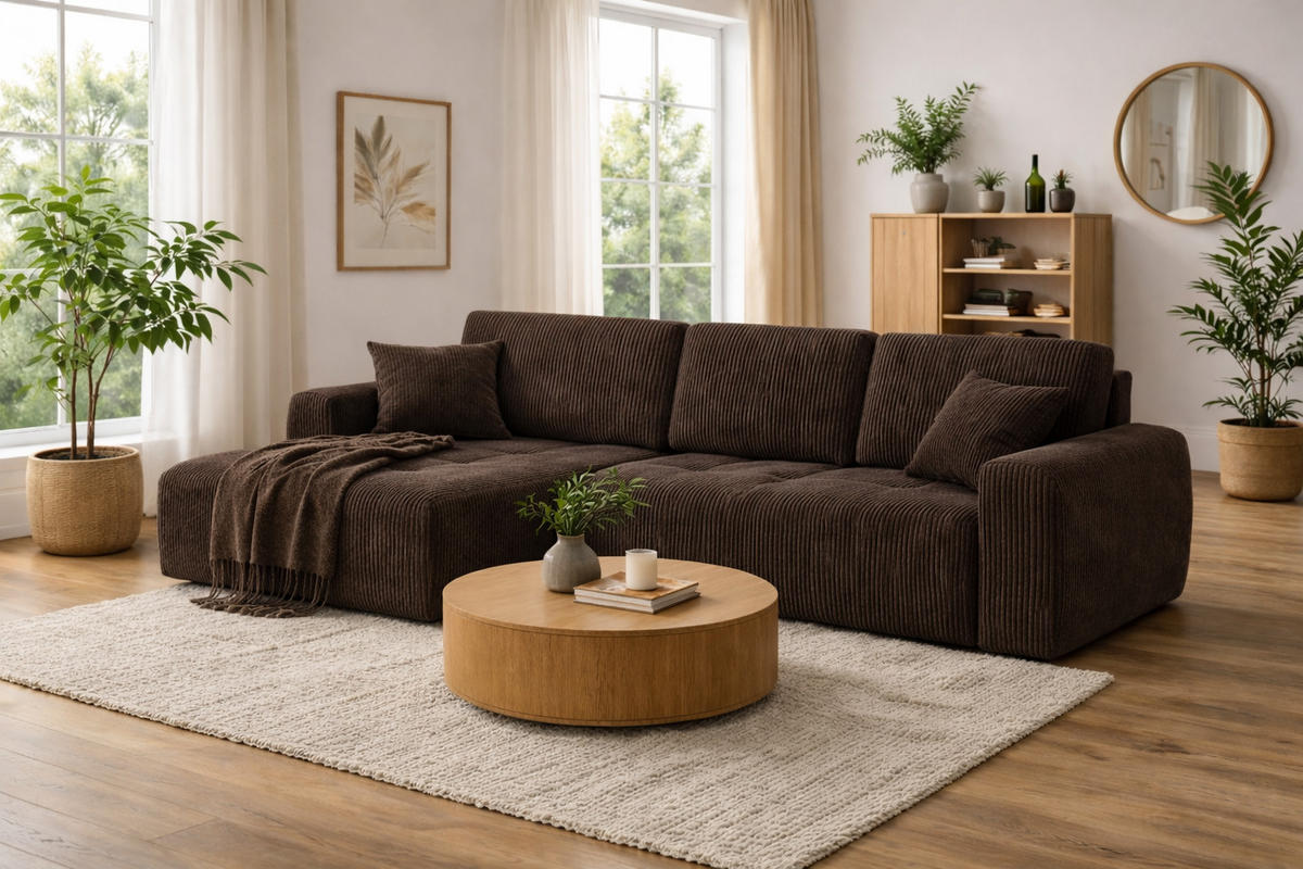 ECKSOFA Mit Schlaffunktion Und Bettkasten L-Form Ivo XL, Cordstoff Poso, Braun, Links - Braun, Holz (280/142cm) - Kaiser Möbel