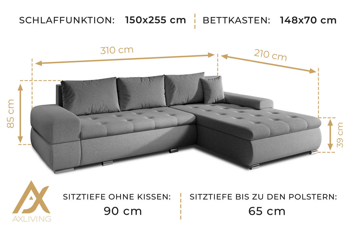 ECKSOFA L Form Sivaso Braun 310/210/85 cm – mit Schlaffunktion und Bettkasten - Hellbraun/Silberfarben, Textil/Metall (310/210cm) - AX Living