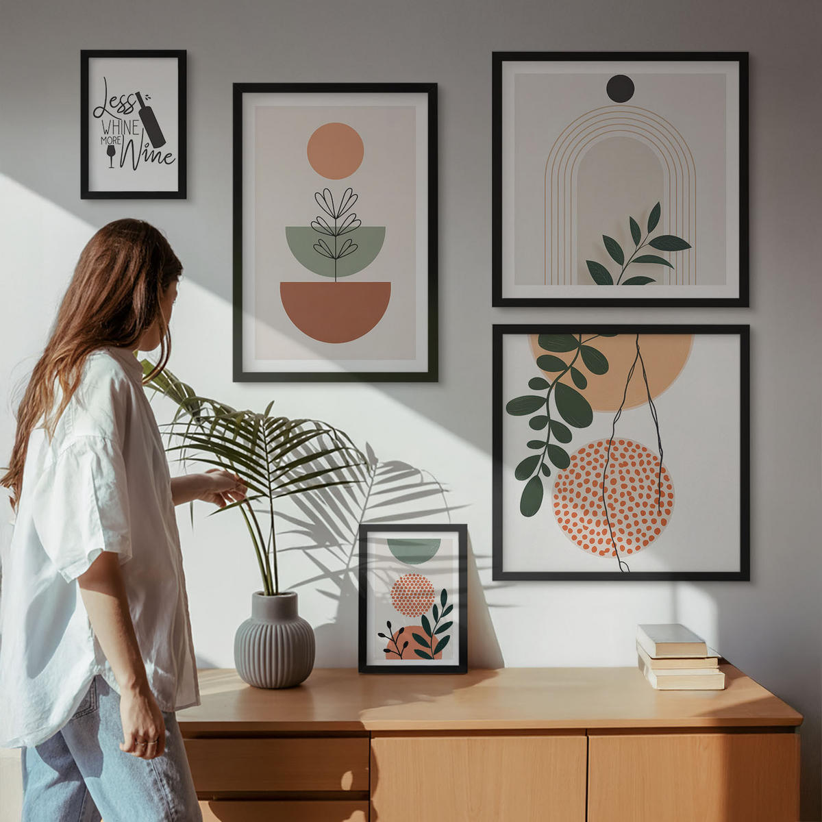 WANDBILDER 5er-Set - 50x50 cm & 20x30 cm & 40x60 cm Schwarzer Rahmen - Abstrakte Pflanzenformen - Schwarz, Kunststoff (40/60cm) - ArtPrintCave