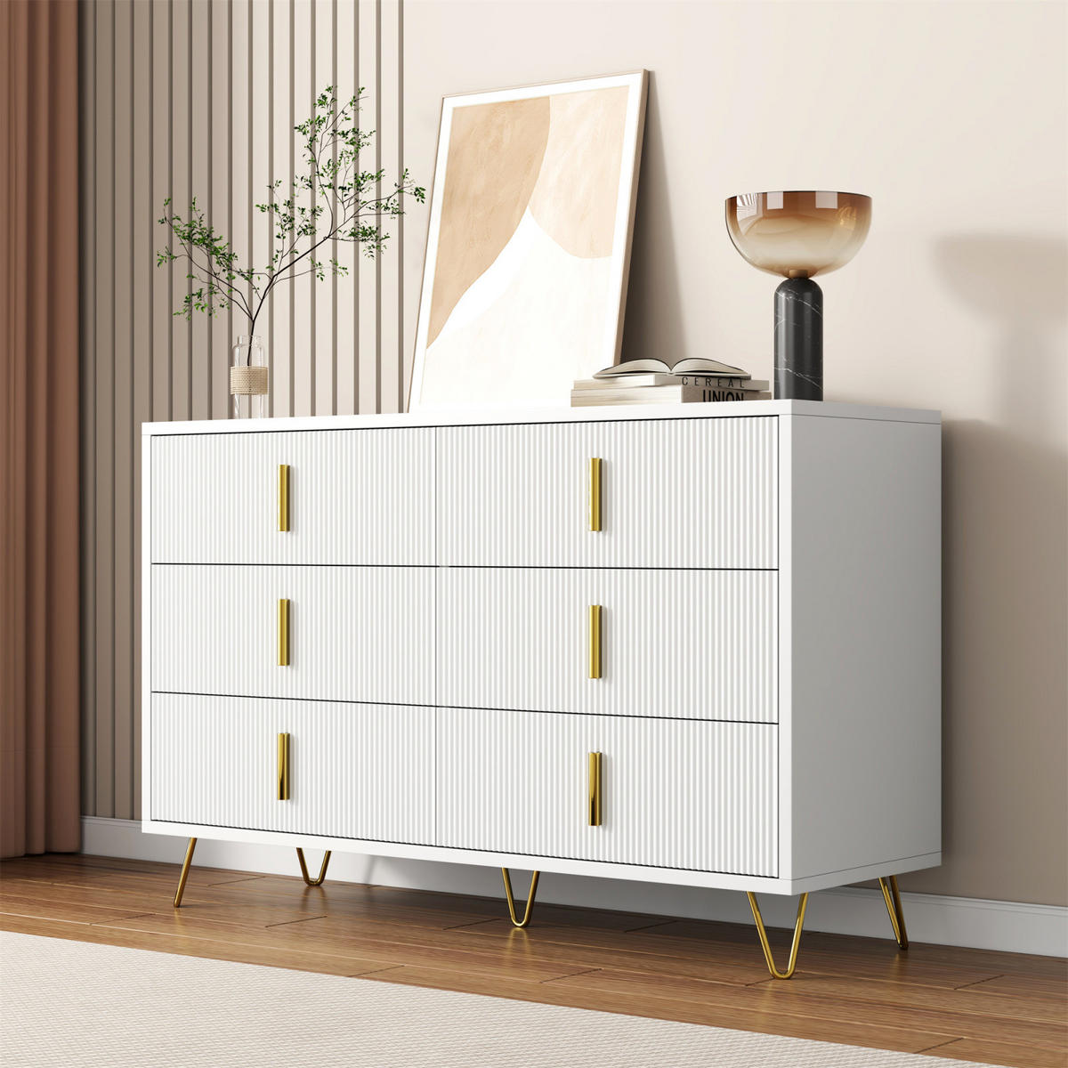 SIDEBOARD Weiß, 6 Schubladen, modernes Eckdesign - Weiß, Holz (120/77/40cm)