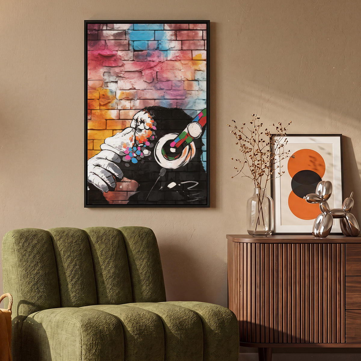 LEINWAND Bilder mit Rahmen - Affe - Graffiti - Musik - 60x90 - Multicolor, Textil (60/90cm) - MuchoWow