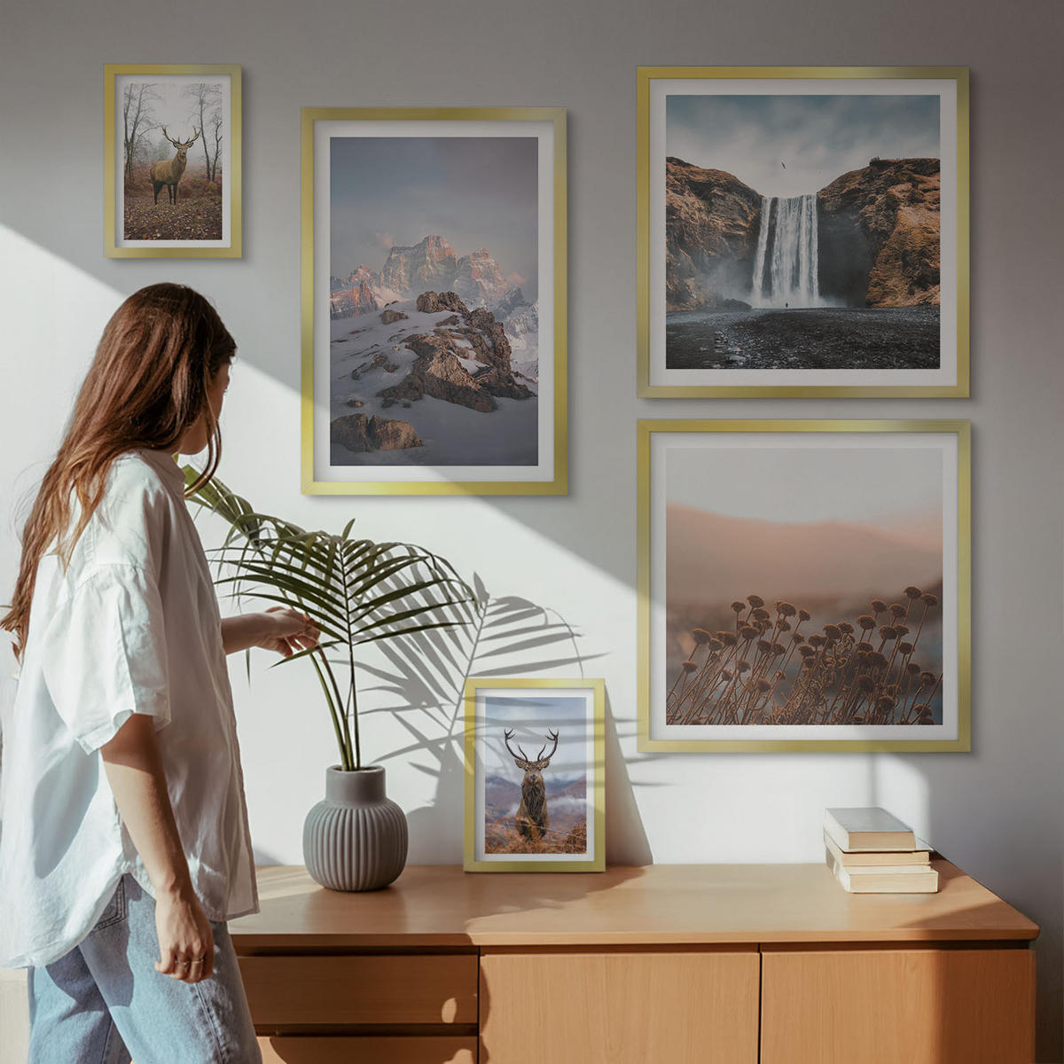 WANDBILDER 5er Set - 50x50 cm & 20x30 cm & 40x60 cm Goldrahmen - Urlaub Palmen Wasserfall - Goldfarben, Kunststoff (40/60cm) - ArtPrintCave