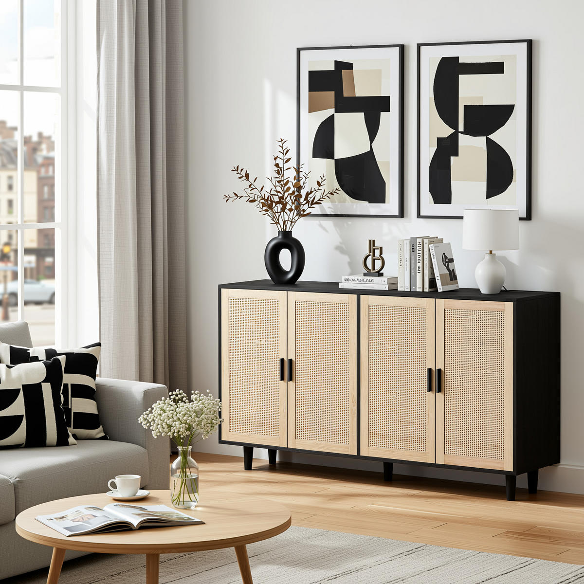 KOMODA dřevěný materiál v černé barvě s ratanovými čely, 4 dvířka - černá, kompozitní dřevo (158/88/40cm) - Urban Meuble