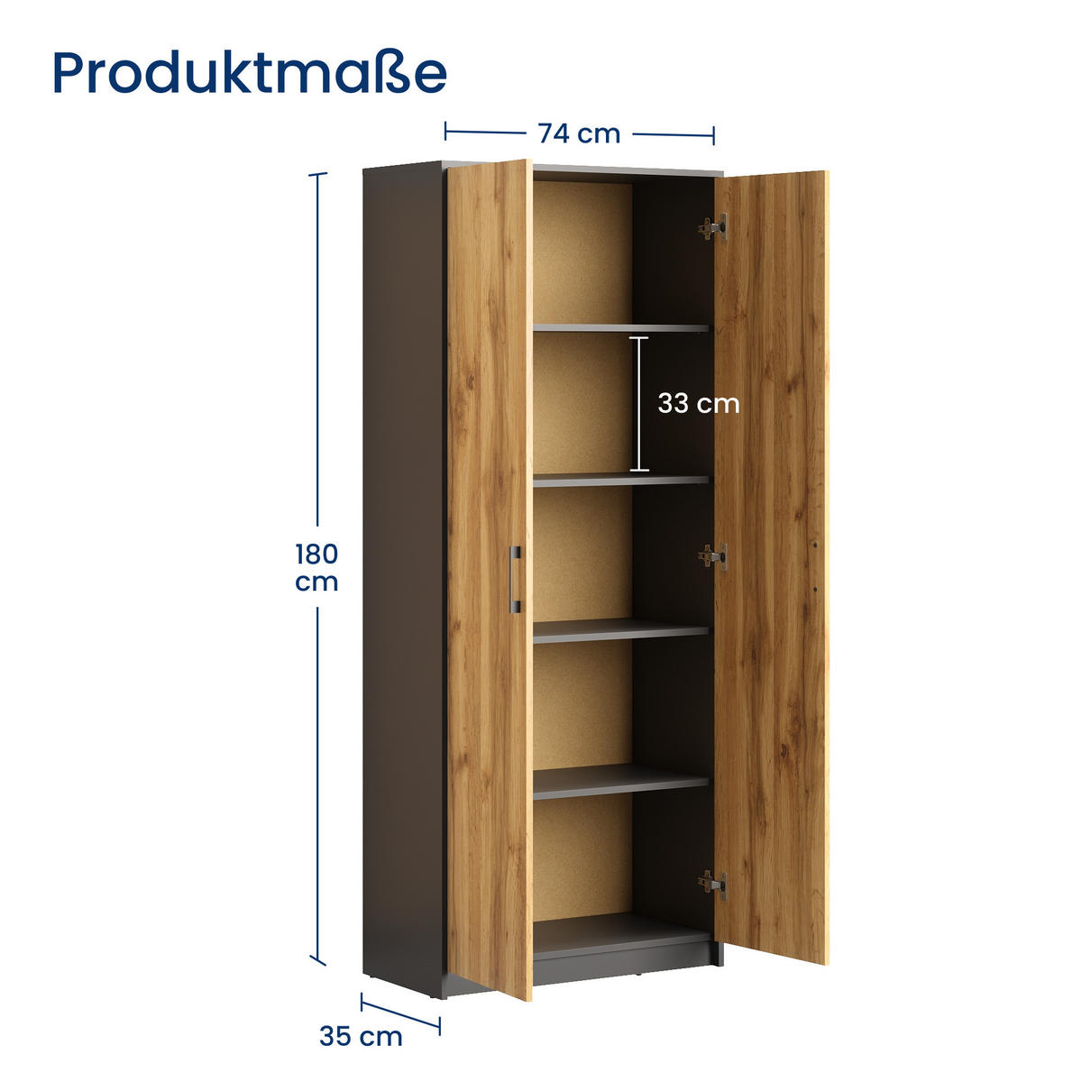 MEHRZWECKSCHRANK mit 5 Fächern und 2 Türen in Graphit / Eiche - Eichefarben/Graphitfarben, Holzwerkstoff (74/180/35cm) - Home Collective