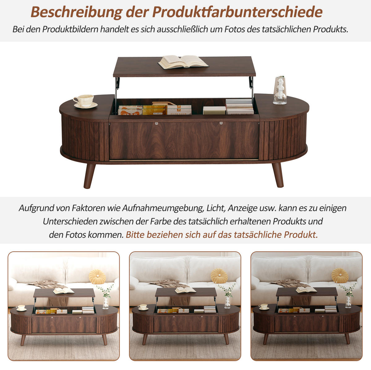 COUCHTISCH 120/50/39,5 cm höhenverstellbar mit verstecktem Stauraum und Rolltüren, Nussbaum - Nussbaumfarben, Holzwerkstoff (120/50/39.5cm) - Modfu