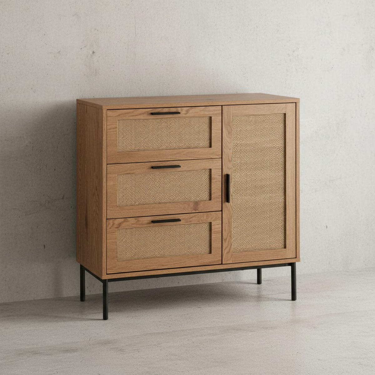 KOMMODE – Eiche-Dekor/Rattan, 80x82x36 cm, 3 Schubladen, 1 Tür, modern - Schwarz/Braun, Holzwerkstoff/Metall (80/82/36cm) - KADIMA DESIGN