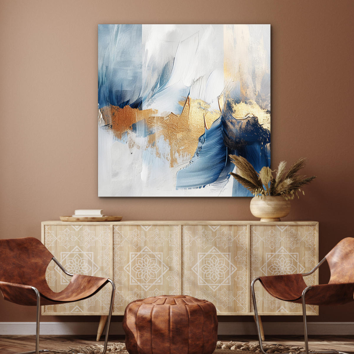 KOVOVÝ OBRAZ Zlatá - modrá - akvarel - umenie - moderné 90x90 cm - svetlomodrá, kov (90/90cm) - MuchoWow