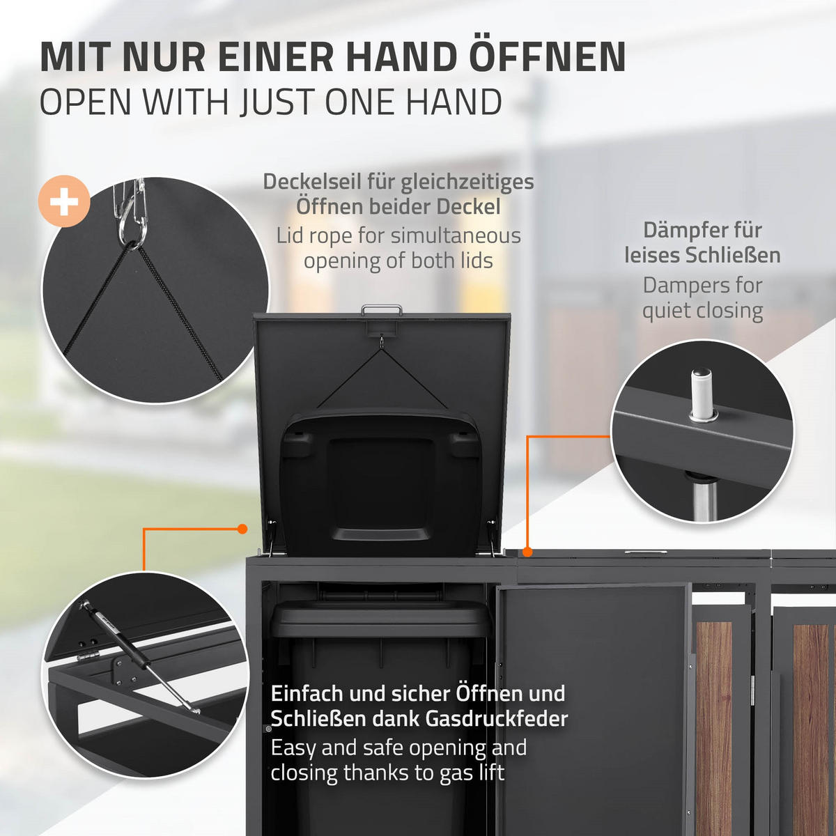 MÜLLTONNENBOX 4er 240L 260x80x120 cm Anthrazit-Eiche dunkel aus Stahl - Dunkelbraun, Metall (80/120/260cm) - ML-DESIGN