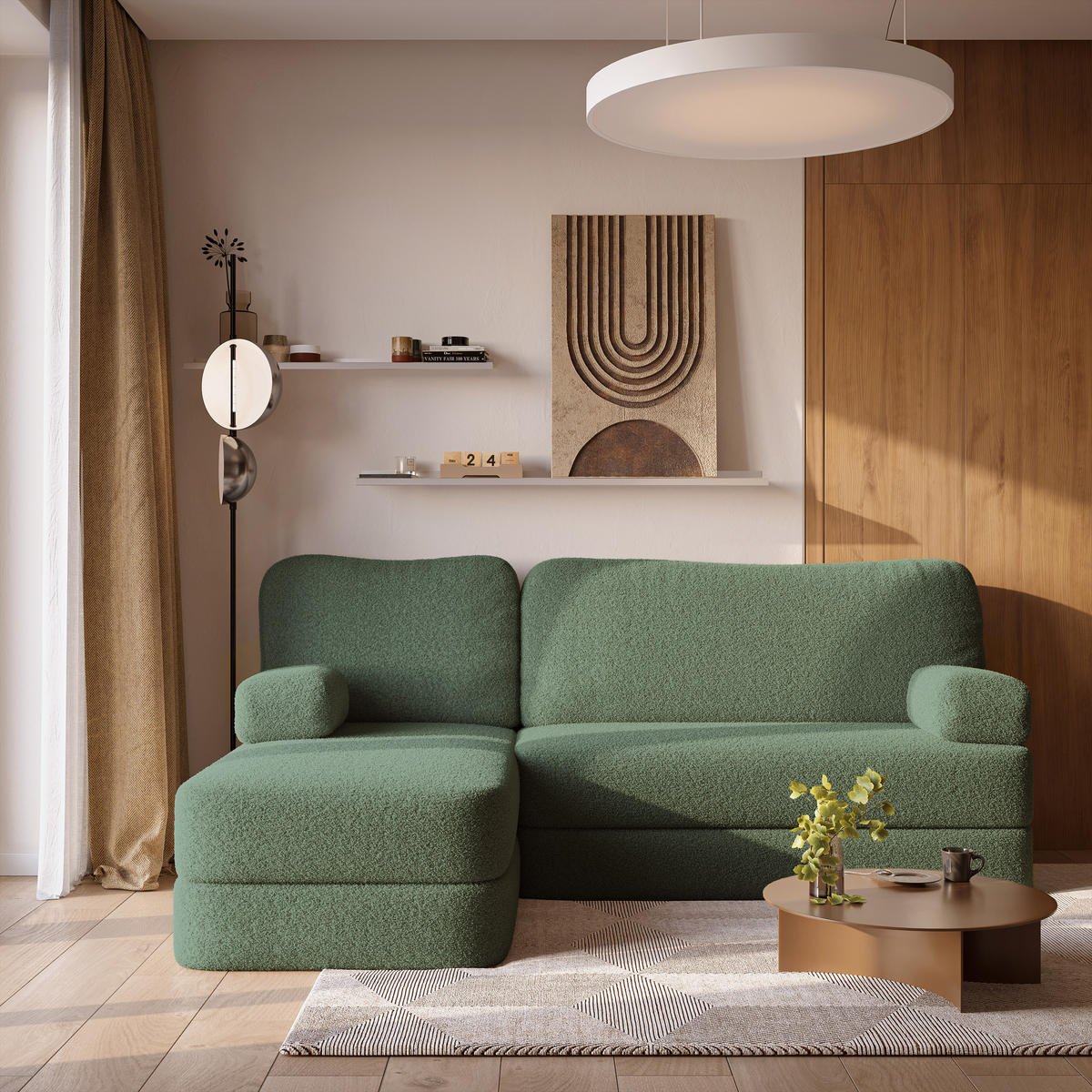 ECKSOFA SABI modulares Boneless Sofa mit Schlaffunktion Grün Boucle-Stoff - Grün, Textil (200/120cm) - MASSENO