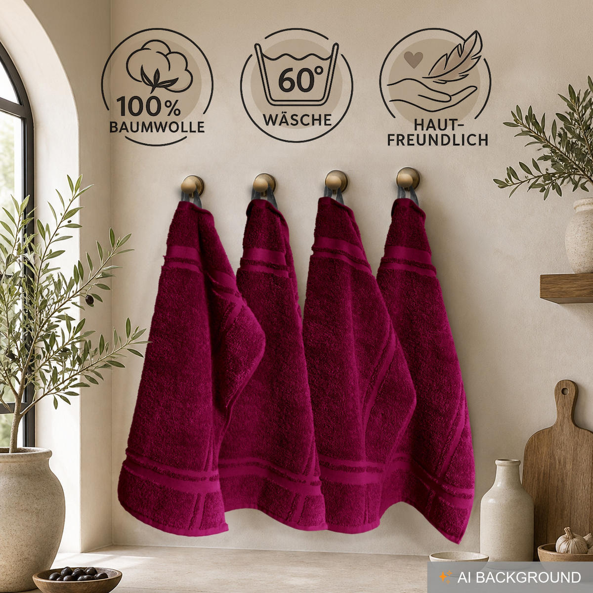 FROTTEE Küchenhandtücher 50x50 cm, 4er Set, Kirschrot - Kirschrot, Textil (50/50cm) - Lashuma