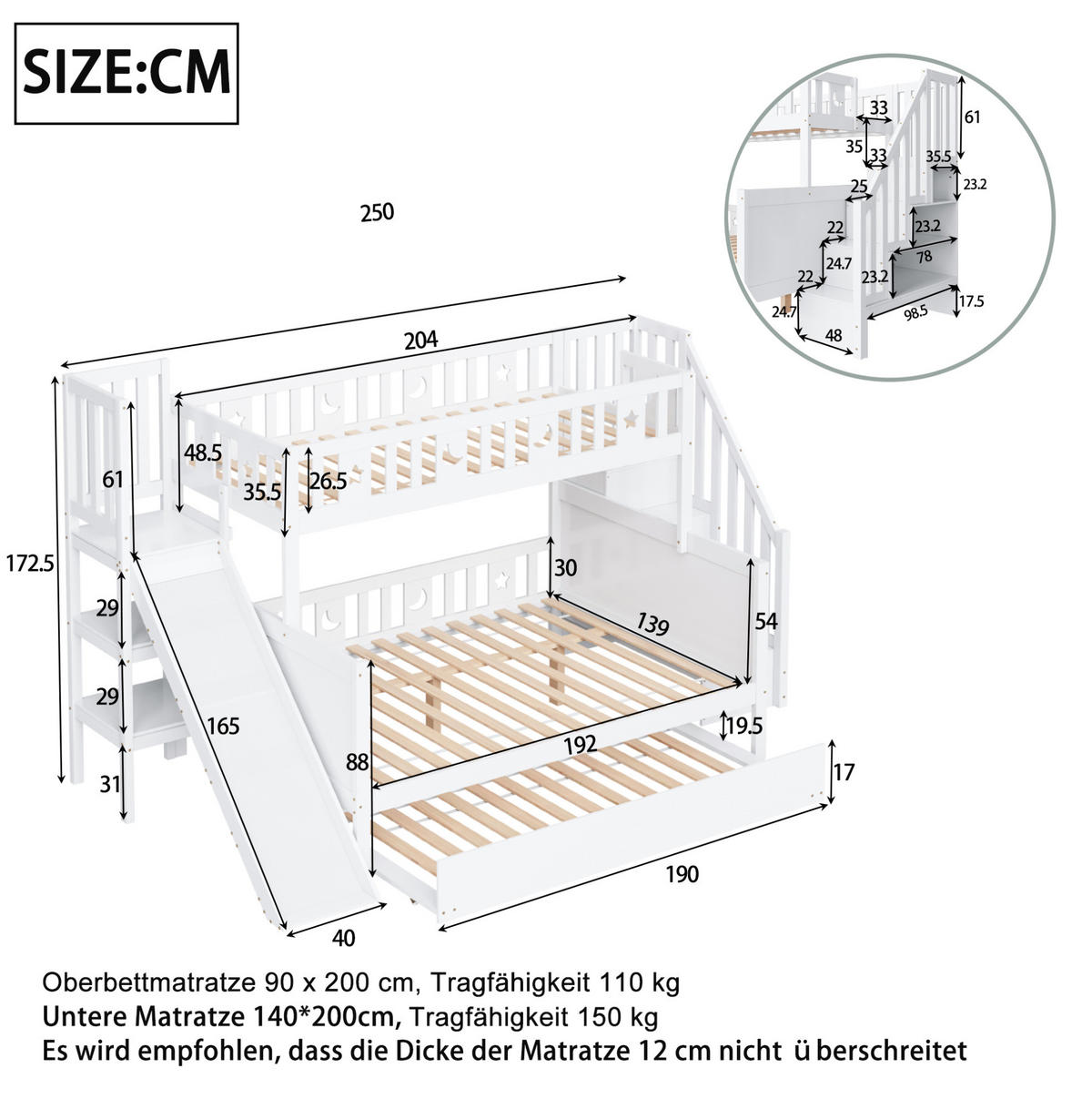 ETAGENBETT aus Massivholz 283x163x172,5 cm in Weiß mit Rutsche & Ausziehbett - Weiß, Holz (90/200cm) - Modfu
