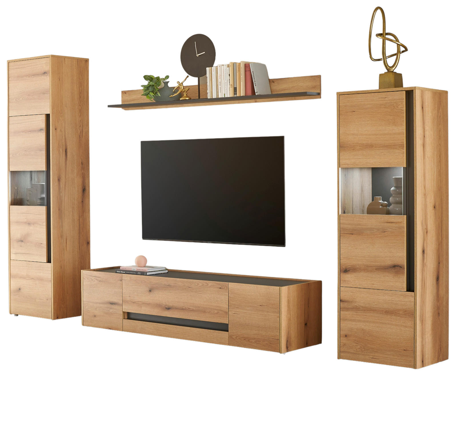 WOHNWAND Evoke Eiche, grau, Wohnkombination Set 4-teilig, 310 cm - Eichefarben/Grau, Glas/Holz (310/197/45cm) - Furn.Design