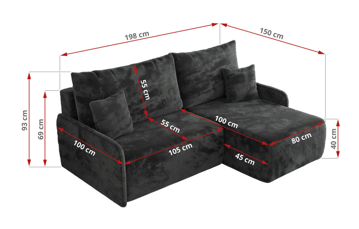 ECKSCHLAFSOFA ARPA L Dunkelgrau Plüsch - links - Dunkelgrau/Schwarz, Kunststoff/Textil (198/150cm) - MKS