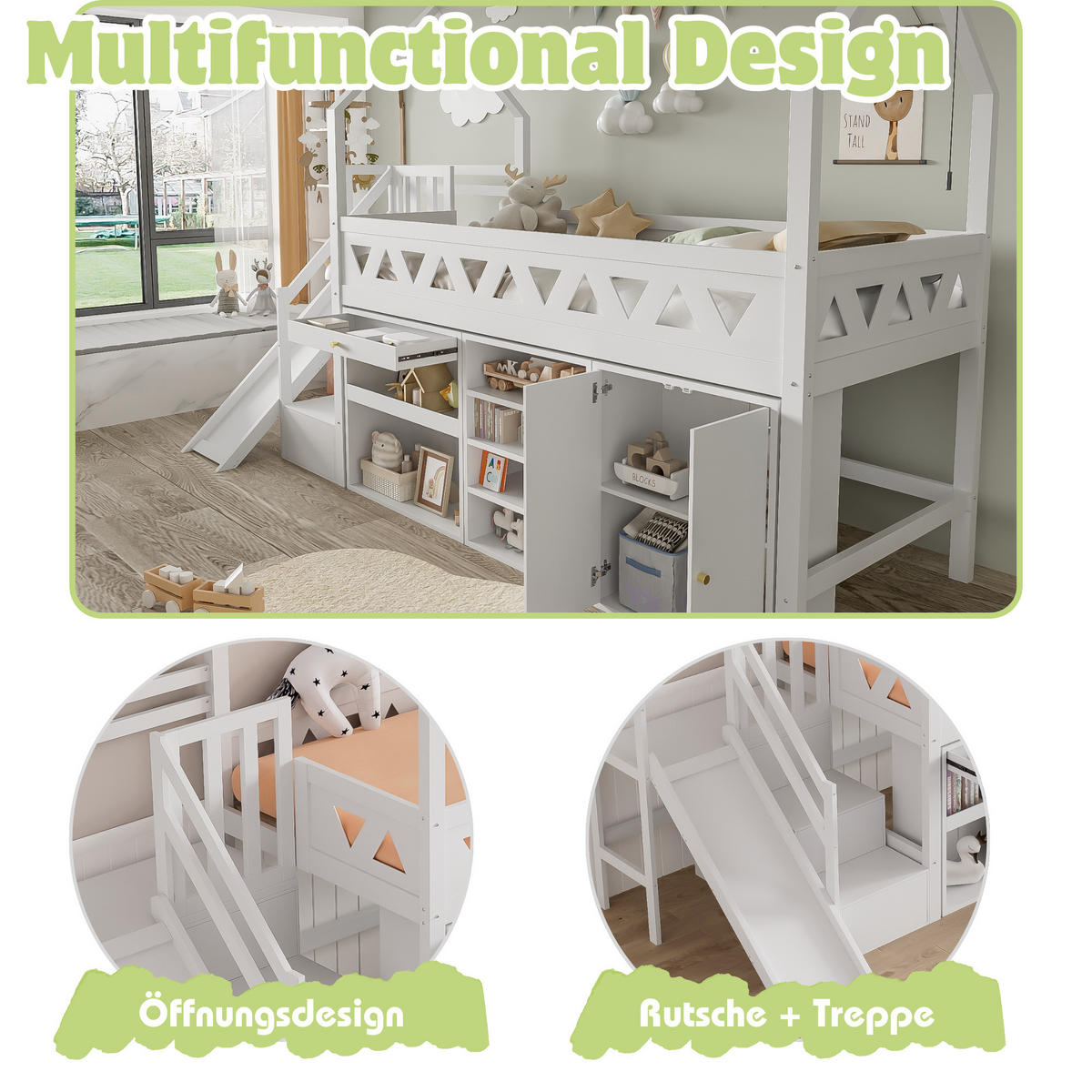 HAUSBETT 90/200 cm Weiß mit Rutsche und Treppen aus Massivholz - Weiß, Holzwerkstoff (90/200cm) - OKWISH