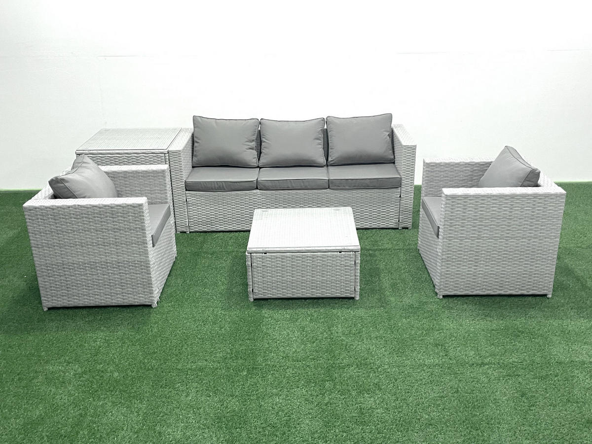 GARTENMÖBEL-SET mit Kissen Polyrattan Hellgrau-Mix 5-Sitzer - Hellgrau/Grau, Glas/Kunststoff - Fimous