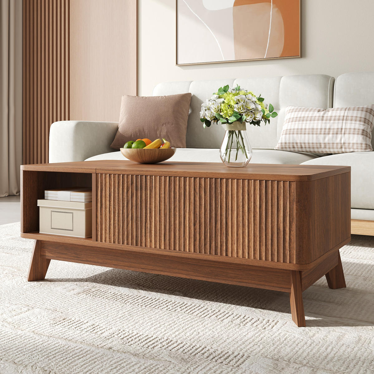 COUCHTISCH Hubfunktion Wellenoptik MDF Stauraum modern - Walnussfarben, Holzwerkstoff (95/48/50cm) - FLIEKS
