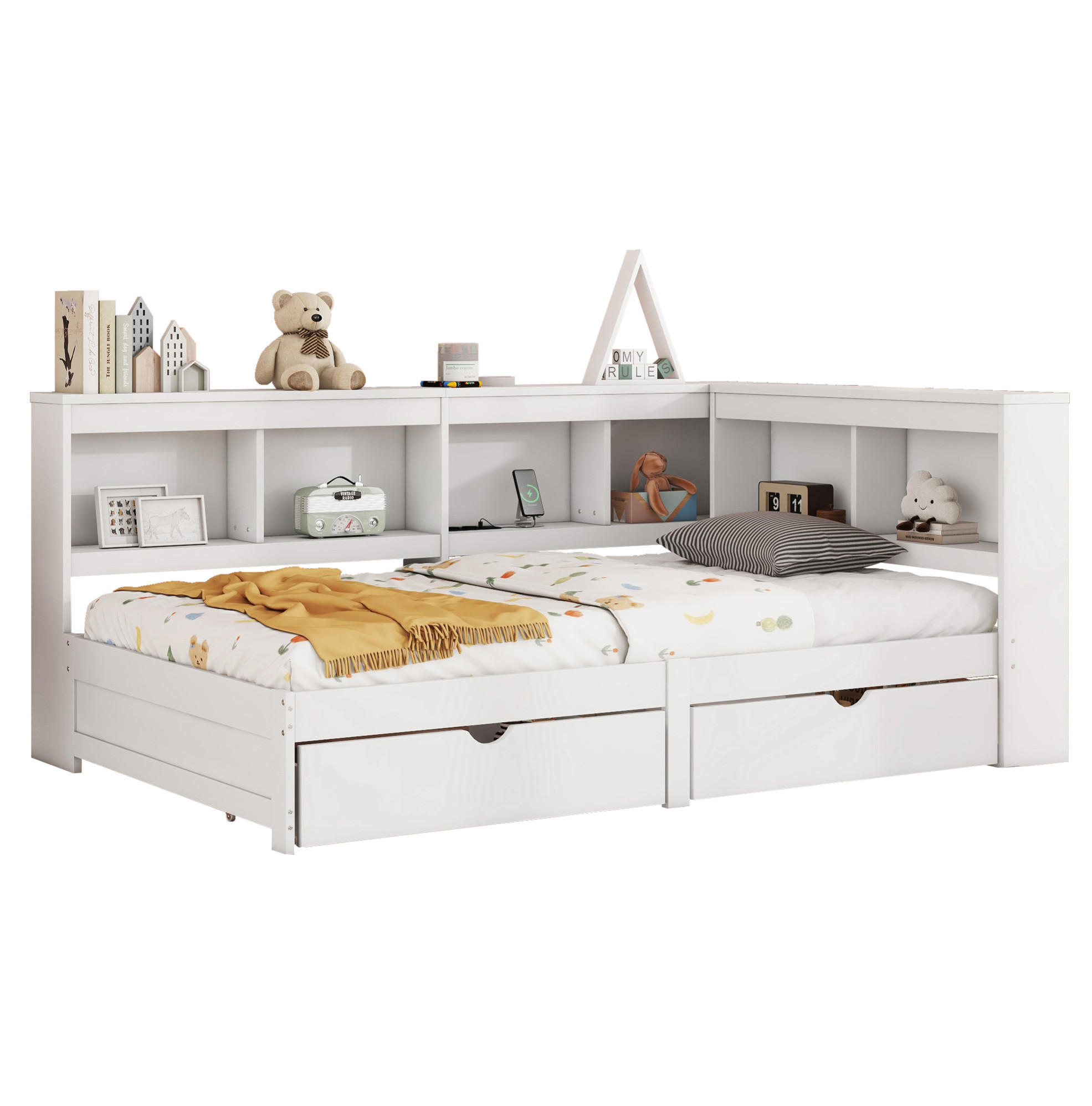 POLSTERBETT 90/200 cm in Weiß mit 2 Schubladen und USB-Anschlüssen - Weiß, Holzwerkstoff (90/200cm) - Flora Grace