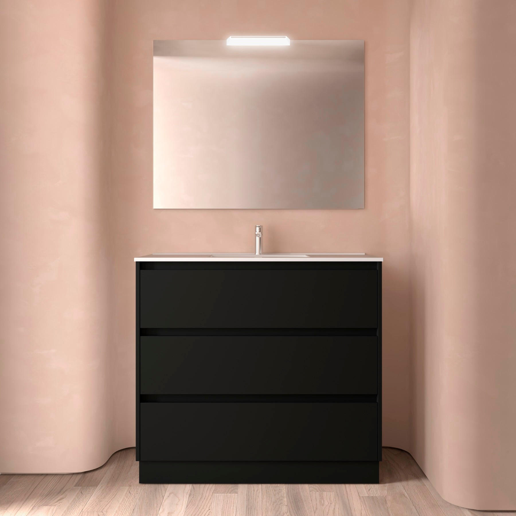 NOJA Komplett-Set 1000 3 Schubladen BLACK SATIN + Waschtisch + Spiegel + Leucht - Schwarz, Metall (45/8.1/99.7cm) - Salgar