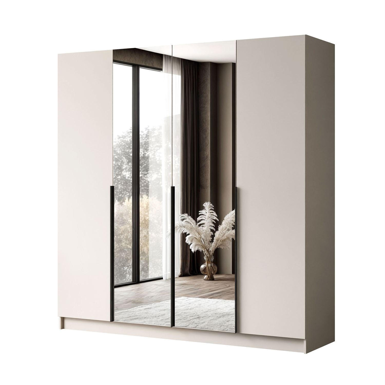 KLEIDERSCHRANK AUREL 4D in KASCHMIR mit Spiegel mit schwarzen Griffen - Kaschmir/Beige, Holzwerkstoff (200/200/57cm) - Lookway