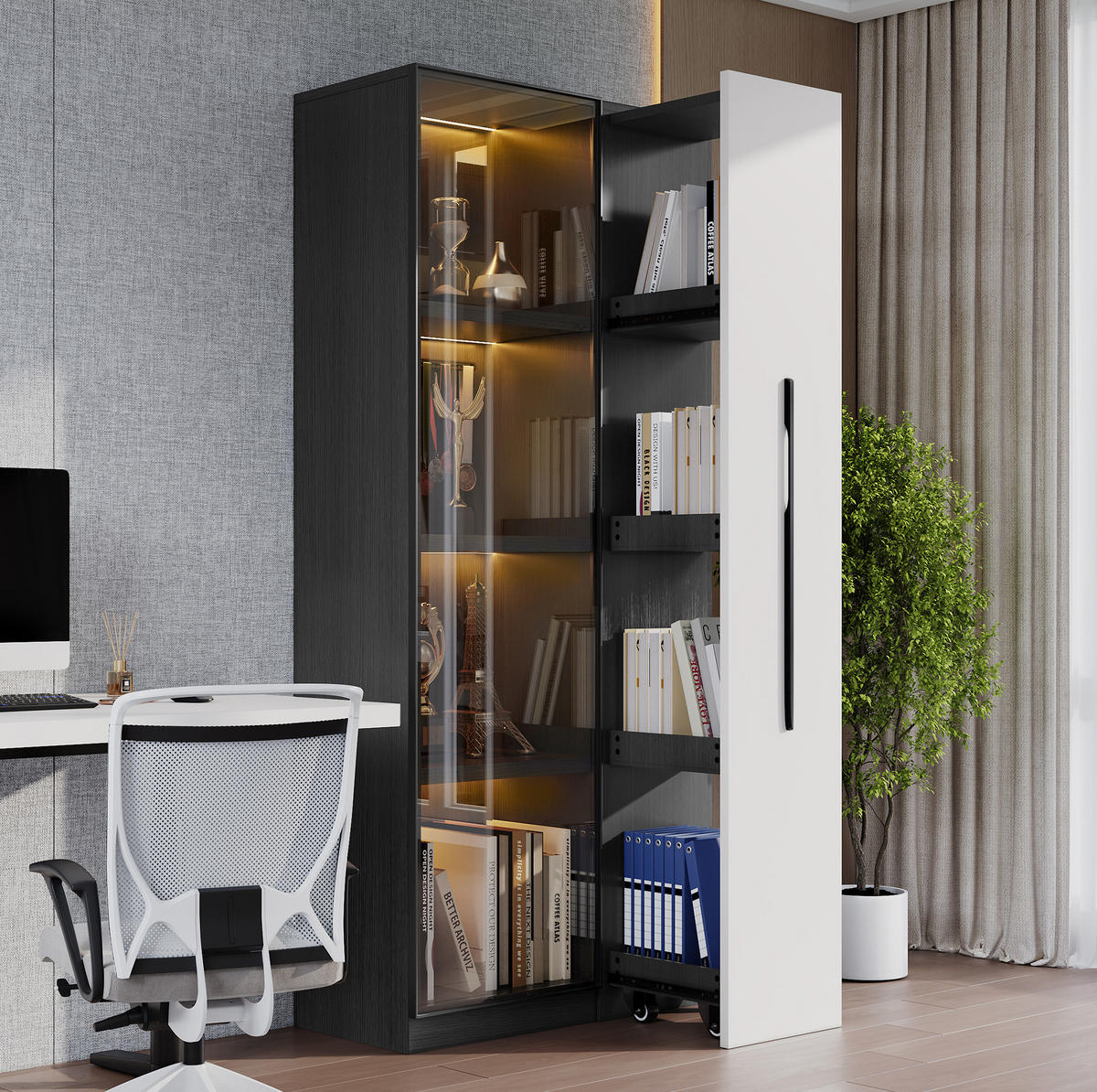 VITRÍNA, 70/40/160 cm, MDF černo-bílá, s LED osvětlením a bočním výsuvem - černá, kompozitní dřevo (70/160/40cm) - BEAOK