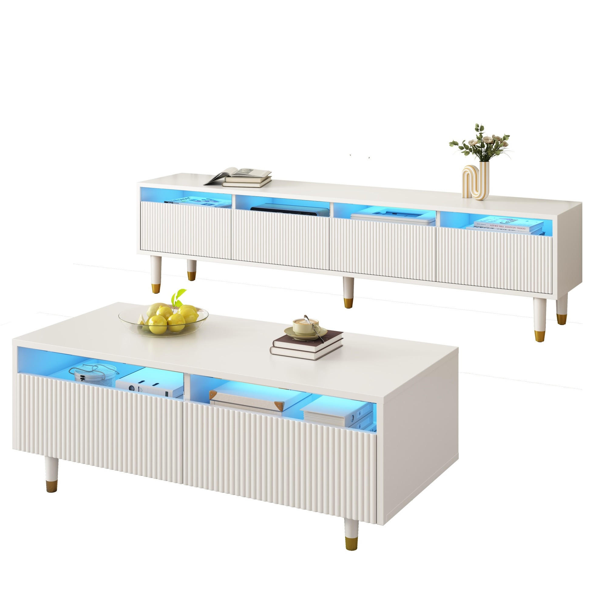 MODERNES LED-Möbelset, Couchtisch und TV-Schrank in Weiß 110/50/40 cm & 178/35/45 cm - Weiß, Holzwerkstoff (178/45/90cm) - Redom