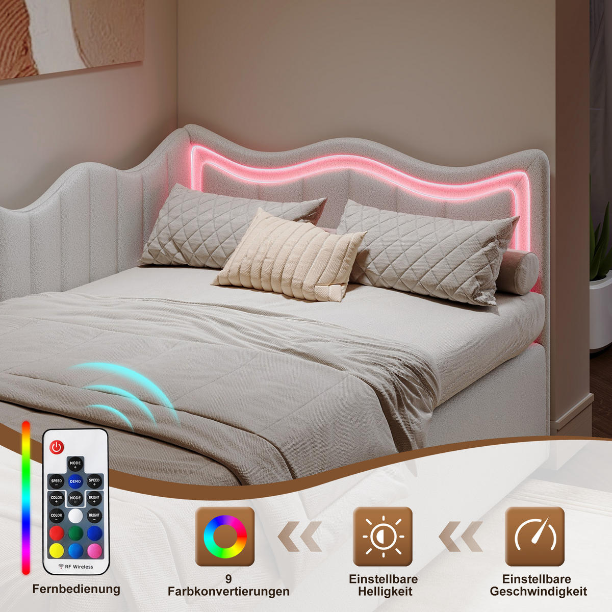 ČALÚNENÁ posteľ 90x200 cm biela LED úložný priestor zamat - béžová, kov (90/200cm) - SHOPENTRA