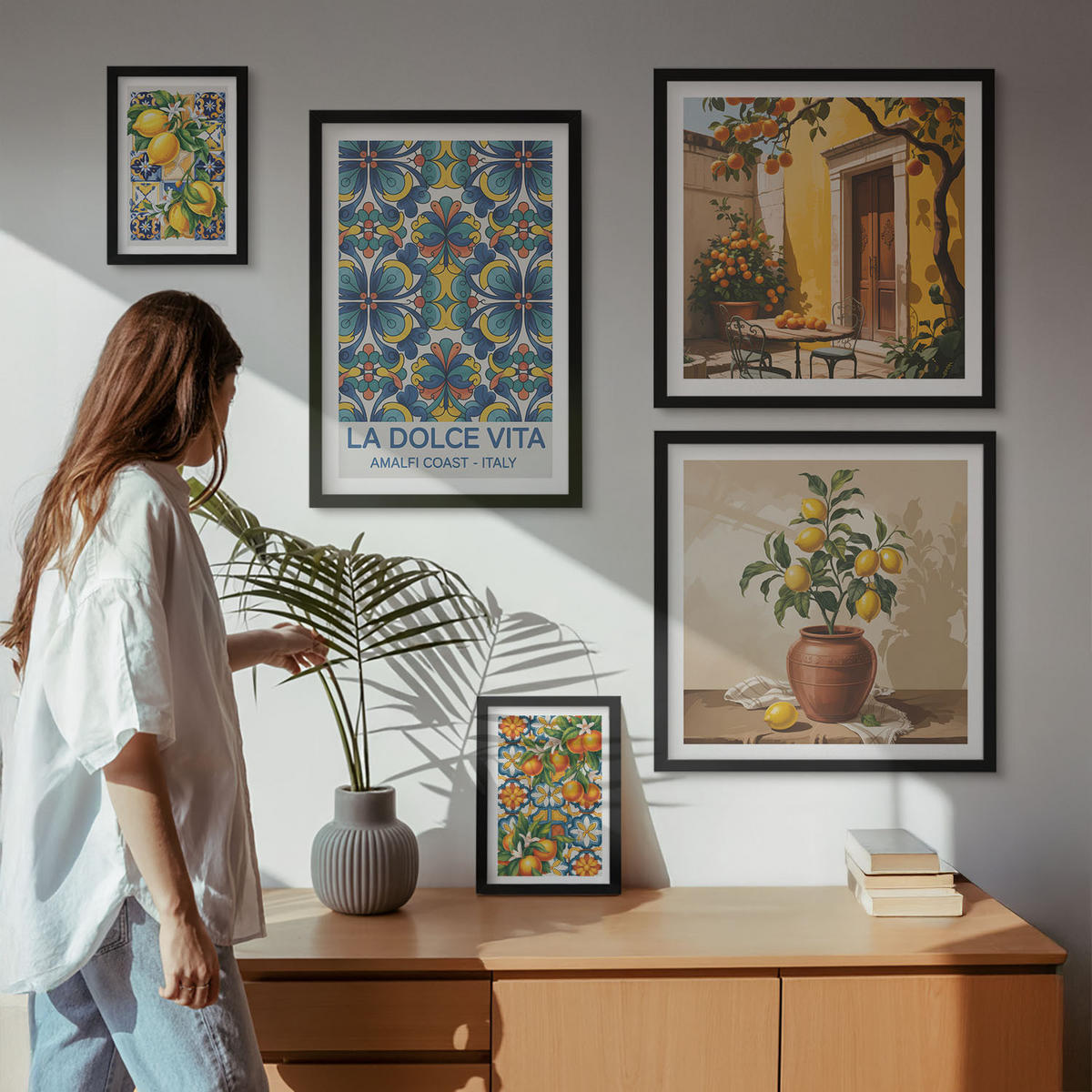 BILDER SET 5er Set - 50x50 cm & 20x30 cm & 40x60 cm Schwarzer Rahmen - Zitronen, Blumen, Orangen, Italien - Schwarz, Kunststoff (40/60cm) - TULUP