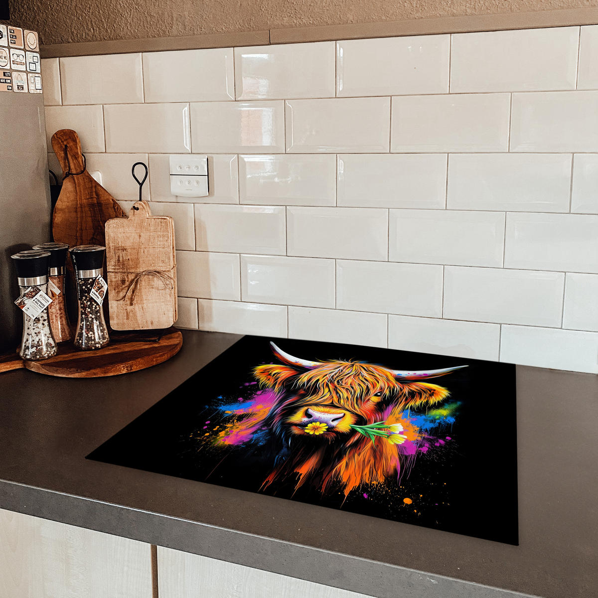 HERDABDECKPLATTE Schottischer Highlander - Graffiti - Bunt - Blume - Tiere Herdabdeckung Induktionsfeld 60x52 cm - Multicolor, Kunststoff (60/52/0.2cm) - MuchoWow
