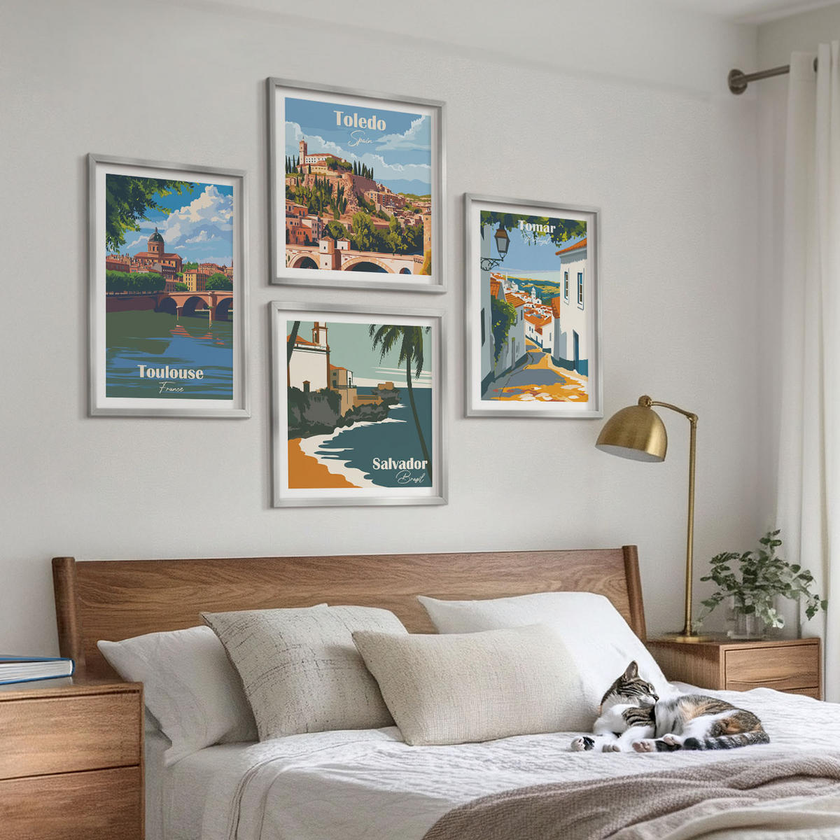 WANDBILDER 4er Set - 50x50 cm & 40x60 cm Silberner Rahmen - Retro-Stadtgrafiken - Silberfarben, Kunststoff (50/50cm) - ArtPrintCave