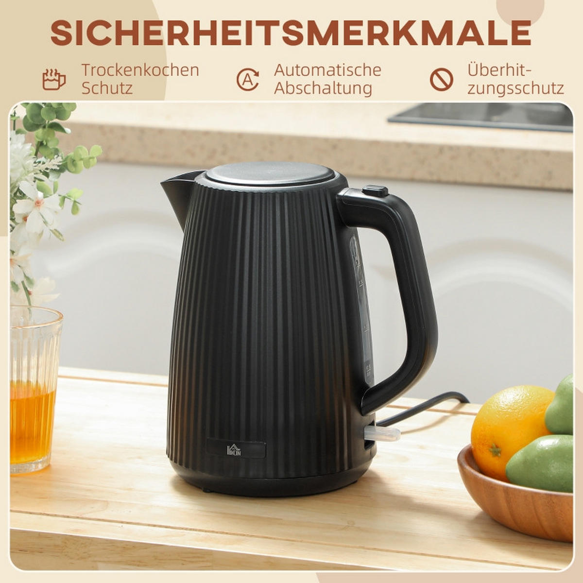WASSERKOCHER mit 360°‑Basisstation, stilvoller elektrischer Wasserkocher mit automatischer Abschaltung, 1700 ml Fassungsvermögen für Küche, schwarz - Schwarz, Metall (21.4/23.3/15.6cm) - Joyfair