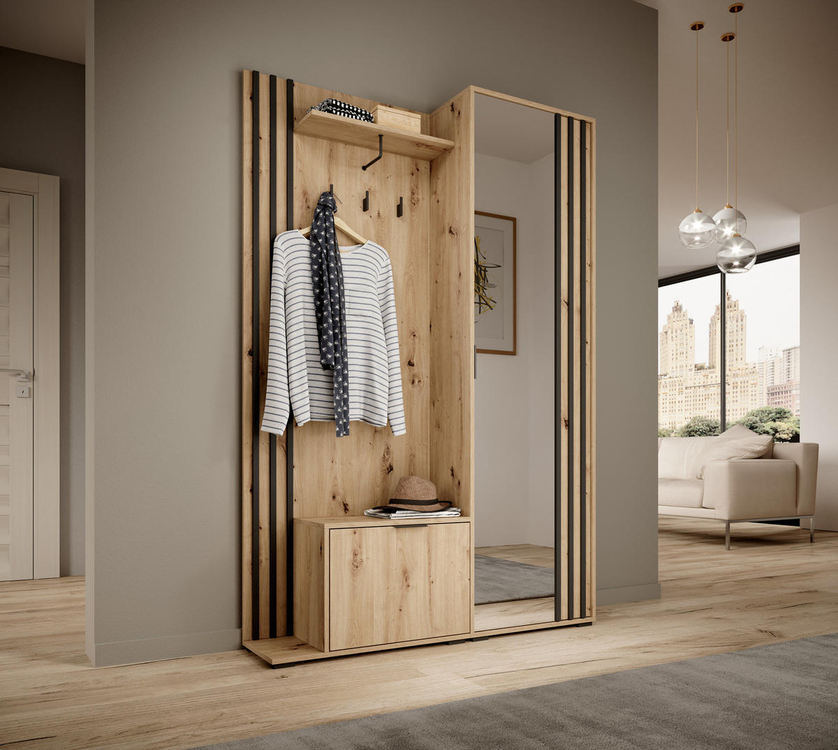 GARDEROBE STILO 131 cm (Artisan Eiche, Schwarze Lamellen, Spiegel, Metallgriffe) - Schwarz/Eiche Artisan, Holz/Holzwerkstoff (131/192/40cm) - Ravio
