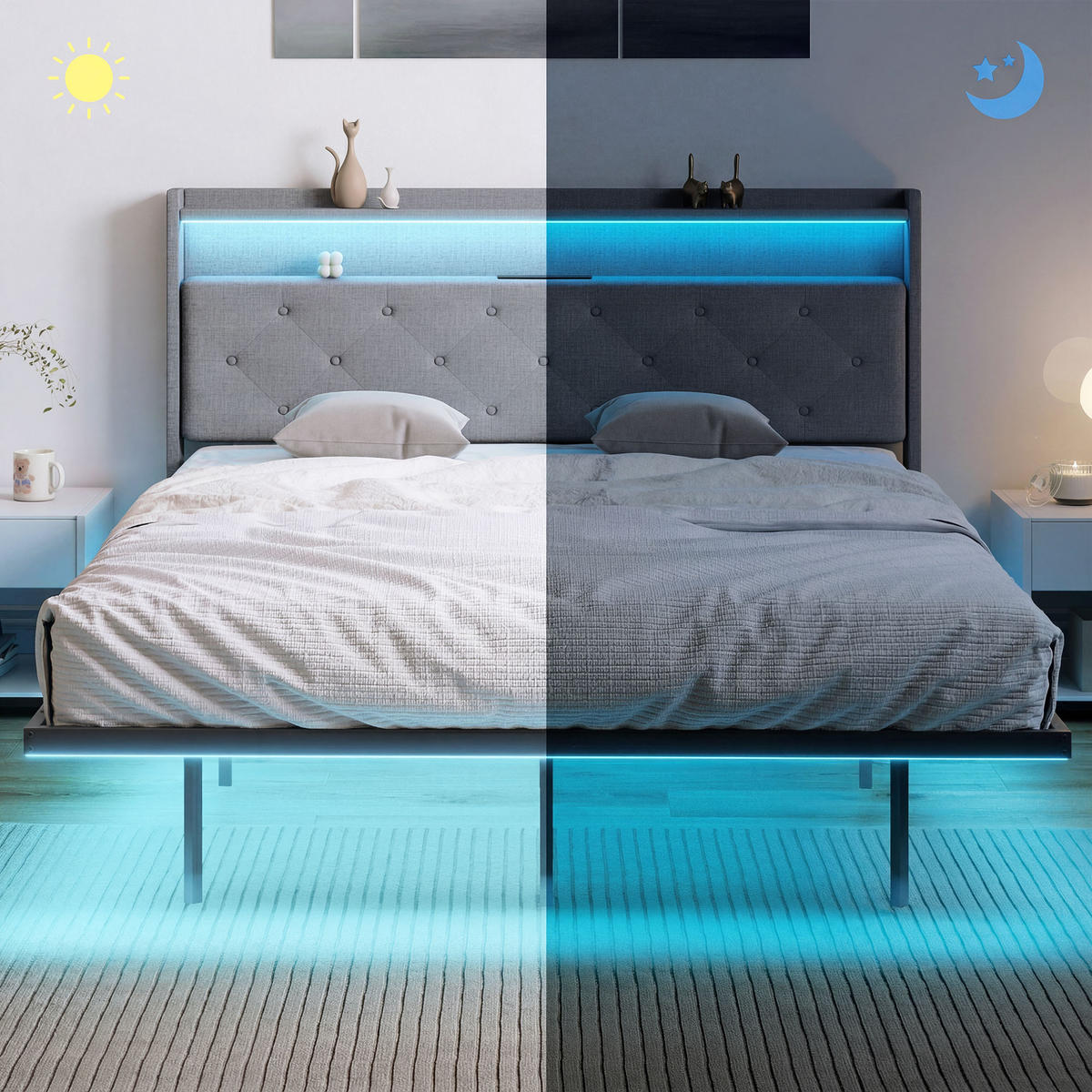 BETT 140x190 cm DE-14674 fliegend mit LED & Ladestation Grau - Grau, Metall (140/190cm) - ComfortXL