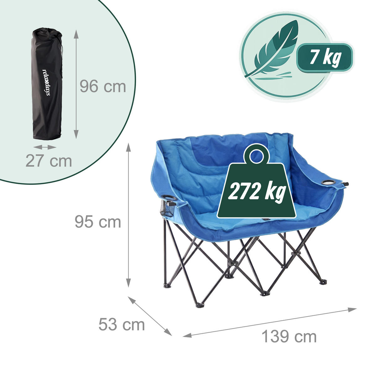 CAMPINGBANK Blau klappbar 2-Sitzer - Blau, Kunststoff/Textil (139/95/53cm) - Relaxdays
