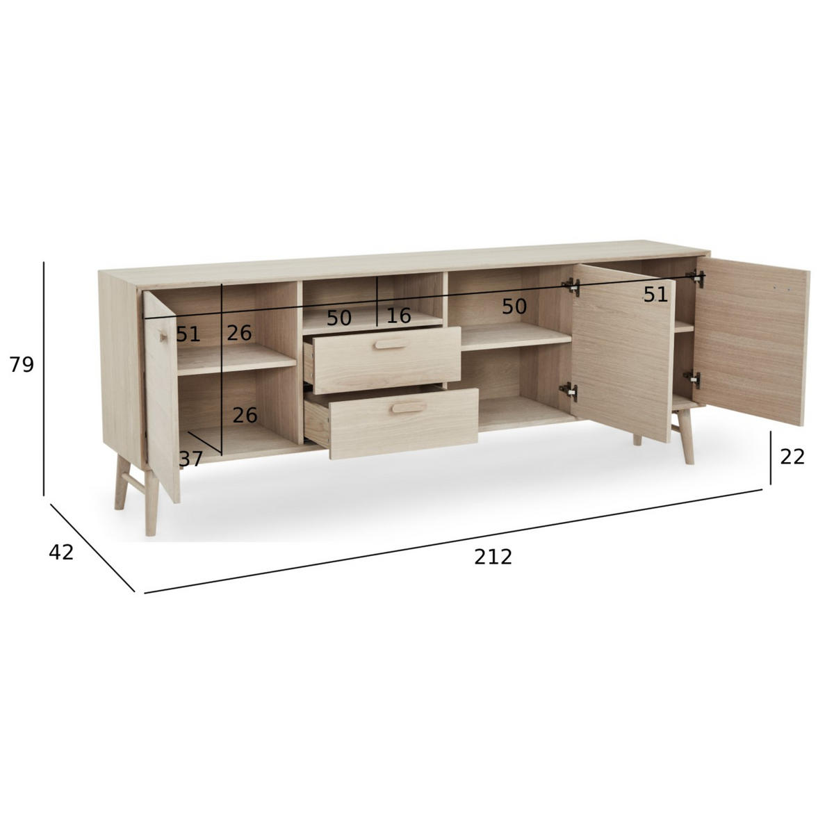 SIDEBOARD Eiche massiv - Eiche Bianco/Eichefarben, Holz/Holzwerkstoff (212/79/42cm) - Furnhouse