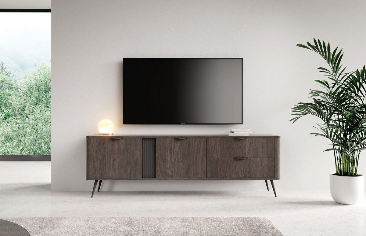 TV stolek Veris 2dveřový se zásuvkami, dub Dunin, 195 cm - tmavě hnědá/černá, kov/kompozitní dřevo (195.2/61.2/38cm) - Selsey