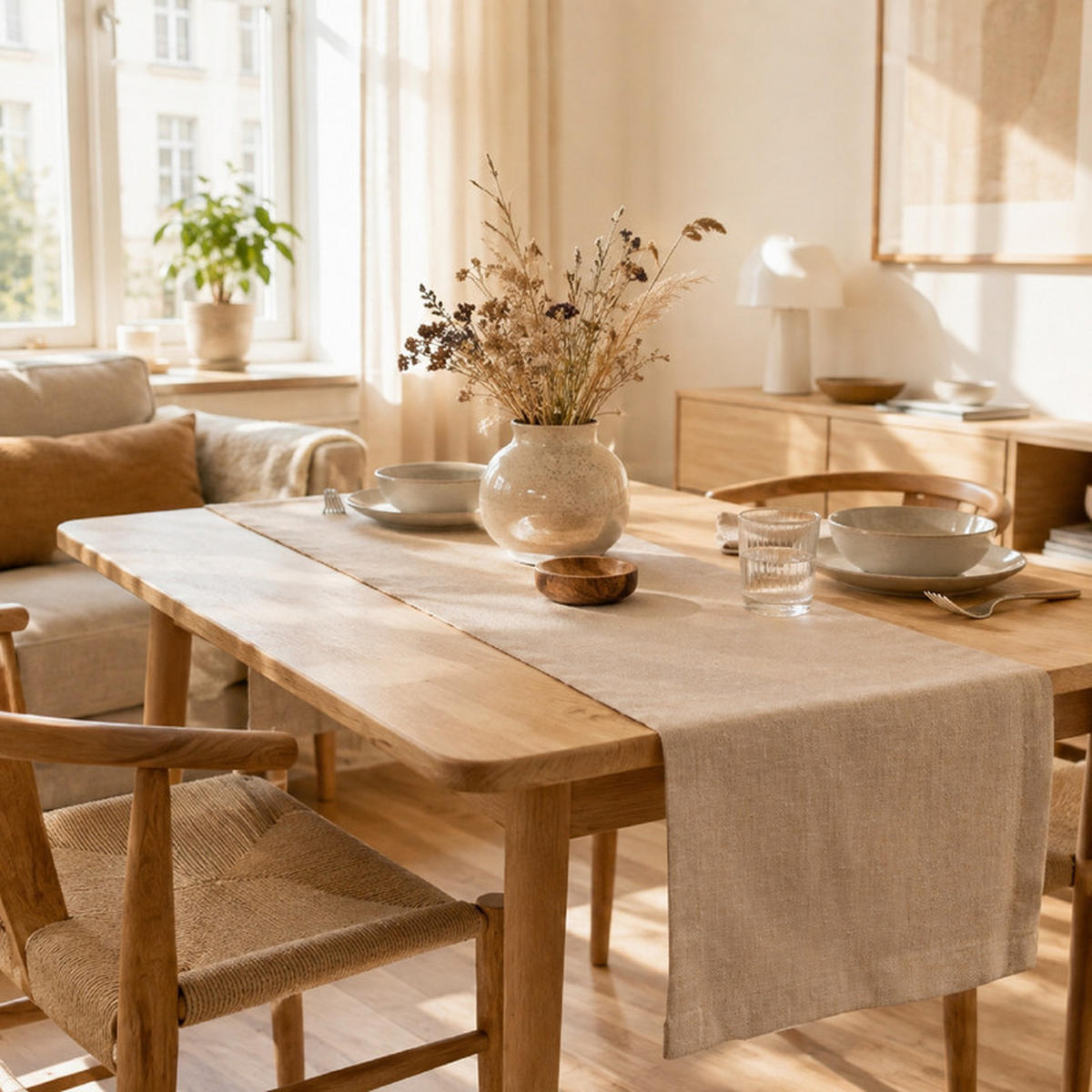 TISCHLÄUFER 40x180 cm Beige in Leinenoptik, Wasserabweisend, Waschbar, Moderne Tischdekoration - Beige, Textil (40/180cm) - SHOPENTRA