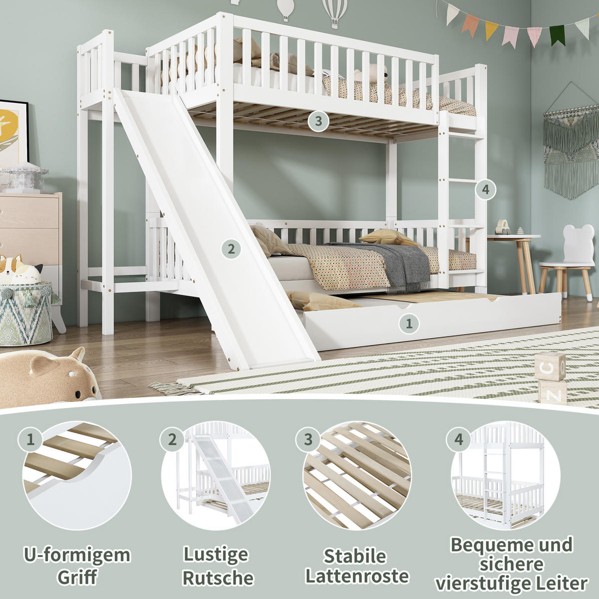 ETAGENBETT 250/172/170,5 cm aus Kiefer und MDF mit Rollbett und Rutsche Weiß - Weiß, Holzwerkstoff (90/200cm) - Modenvie