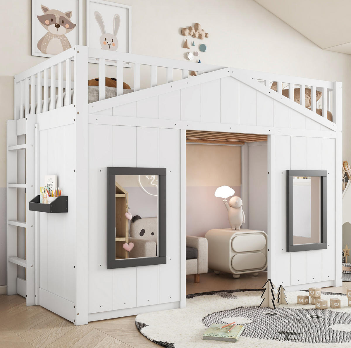 ETAGENBETT aus Kiefernholz und MDF 90x200 cm Weiß mit Treppe, Fallschutz und Stauraum - Weiß, Holzwerkstoff (90/200cm) - IVMEU